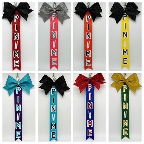 How To Make Cheer Pin Me Ribbon, Pin Me Ribbon Cheer, Cheer Ribbon Keychain Diy, Cheer Pin Me Ribbon Diy, Pin Me Cheer Ribbon Diy, Pin Me Cheer Ribbon, Cheer Pin Me Ribbon, Cheer Pins For Backpacks, Cheer Accessories