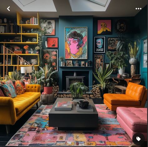 Interior Design Maximalist Living Room, Innovative Living Room Ideas, Maximalist Office Space, Organized Maximalist, Cozy Maximalist Living Room, Edgy Home Decor Ideas, Maximalist Decor Living Room, Living Room Maximalist, Edgy Interior Design