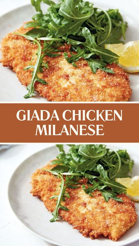 Giada Chicken Milanese Healthy Chicken Milanese Recipe, Chicken Vesuvio Recipe Giada, Dean And Deluca Recipes, Milanese Chicken Recipes, Crispy Chicken Milanese, Healthy Dinner Recipes Italian, Lifewithjanet.com Recipes, Italian Protein Recipes, Baked Chicken Milanese Recipe