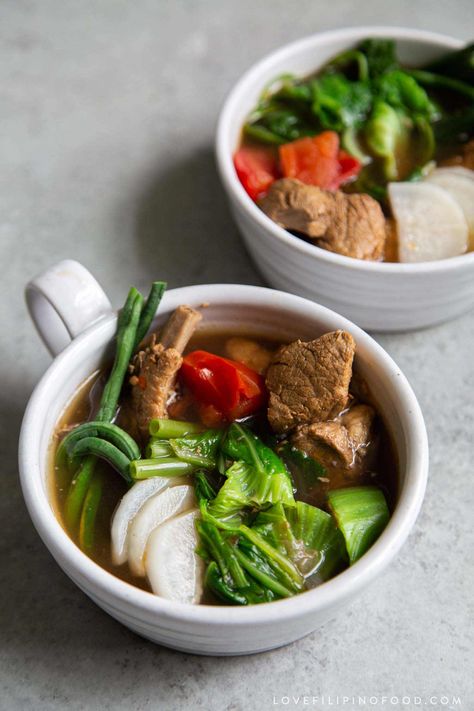 Pork Sinigang - Love, Filipino Food Sinigang Aesthetic, Pork Belly Soup, Sinigang Na Baboy Recipe, Pork Sinigang Recipe, Soup Recipes Asian, Filo Recipes, Pork Sinigang, Sinigang Recipe, Lebanese Lentil Soup