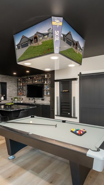 1J Homes | Custom Home Builder on Instagram: "Mini Jumbotron in your basement? We think yes! #1jhomes #custombuilder #customhomes #homedesign #designinspo #househoals" Home Bar Entertainment Room, Basement Jumbotron, Man Cave Basement Sports, Football Game Room, Themed Basement Ideas, Mini Jumbotron, Man Cave Layout, Games Cafe, Finished Basement Bars