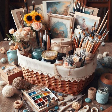 18 DIY Gorgeous Gift Basket Ideas For Any Occasion - My Besuited Home Artist Gift Basket, Thrift Gift Basket, Art Basket Gift, Senior Gift Basket Ideas, Journal Gift Basket, Thrifted Gift Basket, Cooler Gift Basket, Art Gift Basket, Silent Auction Gift Basket Ideas