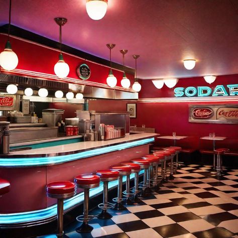 Retro Fast Food Restaurant, Retro Burger Restaurant, Retro Soda Shop, 80s Restaurants, Retro Diner Aesthetic, 1950s Restaurant, Retro Restaurant Design, 50s Restaurant, 60s Cafe