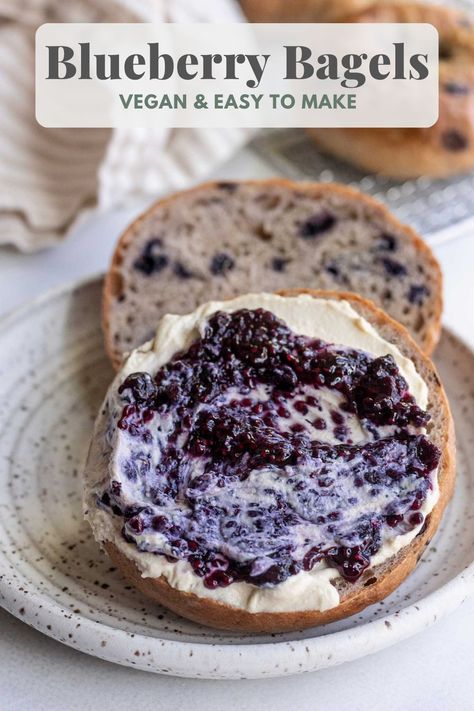 Vegan Bagel Recipe, Vegan Bagels, Blueberry Bagels, Tofu Cream Cheese, Toasted Bagel, Vegan Bagel, Vegan Brunch Recipes, Blueberry Bagel, Homemade Tofu