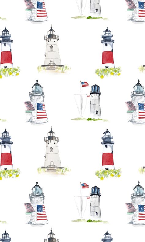 Cape Cod and Nantucket Lighthouses. Watercolor painting pattern by Kyra Wells Cape Cod Illustrations, Nantucket Wallpaper Iphone, Cape Cod Drawing, Nantucket Tattoo, Cape Cod Prints, New England Wallpaper, Cape Cod Wallpaper, Cape Cod Art, Nantucket Wallpaper