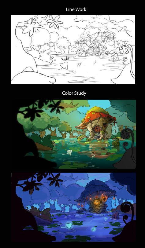 Deep into the Woods on Behance Cartoon Art Styles Background, Character Environment Illustration, Concept Art Scene, Color Study Art, Cool Environments, Concept Environment Art, Woods Concept Art, How To Draw Backgrounds, Woods Drawing