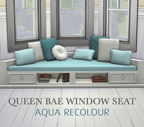 White & Aqua By request, this is the Queen Bae Window Seat recolour in a selection of white and aqua swatches. Enjoy :) Requires Cats and Dogs Download: SimFileShare Bae Window, Sims 4 Cc Furniture Living Rooms, Bay Window Seat, Die Sims 4, Sims 4 Studio, Sims 4 Cc Folder, Farmhouse Windows, Sims 4 Mm, Sims House Design