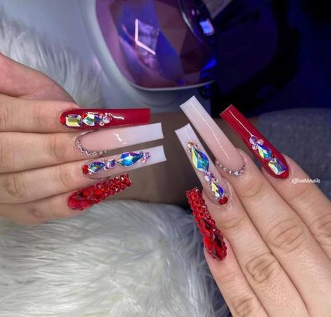 estiveram Nude Nails With Red Rhinestones, Nude And Red Acrylic Nails, Red Nails Rhinestones, Red Acrylic Toes, Red Birthday Nails Acrylic, Red And White Nails Acrylic, Nails With Red Rhinestones, Acrylic Nails Ideas Long, Nude And Red Nails