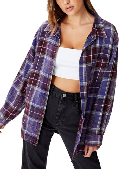 495dabfd0ca768a3c3abd672079f48b6desc46822897ri Purple Plaid Shirt, Plaid Shirt Outfits, Purple Flannel, Lesbian Fashion, Flannel Fashion, Flannel Outfits, Purple Plaid, Boyfriend Shirt, Button Front Shirt