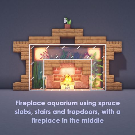 Image may contain: night, possible text that says 'Fireplace aquarium using spruce slabs, stairs and trapdoors, with a fireplace in the middle' Minecraft Aquarium Ideas, Minecraft Aquarium, Health Potion, Construction Minecraft, Minecraft Decoration, Minecraft World, Minecraft Things, Minecraft Houses Blueprints, Minecraft Interior