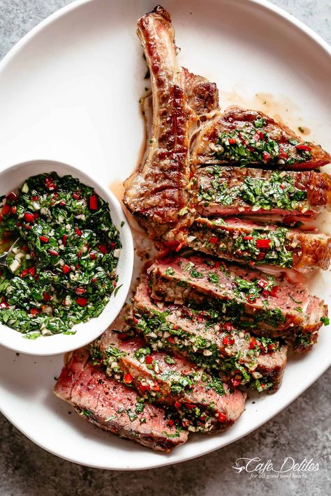 Steaks with Chimichurri (Churrasco) - Cafe Delites Chimichurri Recipe Steak, Recipe For Steak, Good Steak Recipes, Chimichurri Steak, New York Strip Steak, Chimichurri Recipe, Cafe Delites, T Bone Steak, Chimichurri Sauce