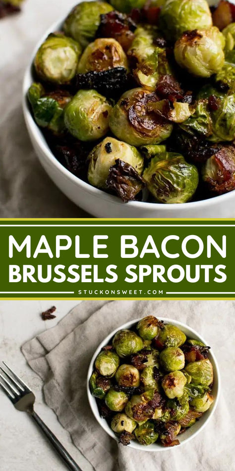 Serve your guests this Thanksgiving with this Maple Brussels Sprouts! These crispy Brussels sprouts with bacon offer a perfect balance of salty, sweet, and smoky flavors. Pin this recipe for a Thanksgiving side dish to impress your family and friends! Maple Bacon Brussel Sprouts, Bacon Brussels Sprouts, Best Thanksgiving Side Dishes, Brussel Sprout Recipes Roasted, Thanksgiving Side Dishes Easy, Bacon Brussel Sprouts, Thanksgiving Recipes Side Dishes, Sprouts With Bacon, Sprout Recipes