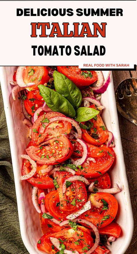 This Italian Tomato Salad is prepared with fresh beefsteak tomatoes, red onion, fresh herbs and a delicious vinegar dressing. Enjoy this refreshing summer salad as a light appetizer, snack, or side dish. French Tomato Salad, Tomatoes As A Side Dish, Italian Side Dish Recipes, Tomato Bread Salad, Italian Side Dishes Vegetables, Onion Tomato Salad, Authentic Italian Side Dishes, Tomato Red Onion Salad, Beefsteak Tomato Salad