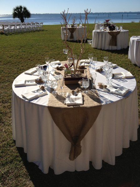 Southern Country Elegance Wedding Reception Photos on WeddingWire Rustic Wedding Table Setting, Round Wedding Tables, Fall Wedding Ceremony, Burlap Runners, Wedding Table Linens, Wedding Reception Flowers, Wedding Reception Centerpieces, Reception Centerpieces, Round Tables