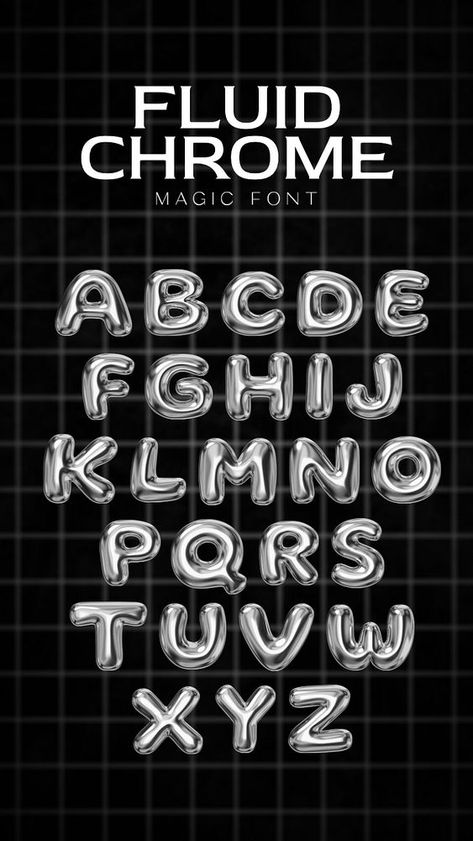 Chrome Font Alphabet, Silver Typography Fonts, Chrome Font, Pinterest Banner, Silver Typography, Metal Typography, Magic Font, Photography Fonts, Silver Font