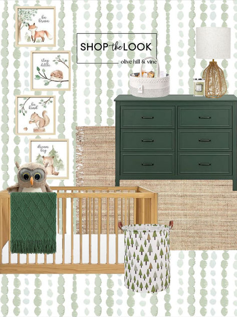 Nursery Decor Inspo- hunter green dresser, natural wood convertible crib, jute rug, green and white striped wallpaper, and set of 4 woodland art pieces all available through amazon. Nursery Decor Inspiration, Green Dresser, Woodland Wall Art, Green Throw, Rattan Table, Convertible Crib, Striped Wallpaper, Curated Design, Woodland Nursery