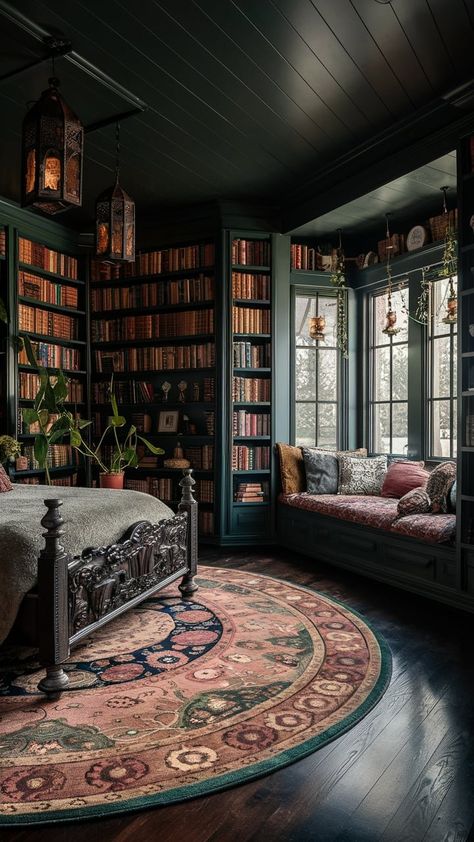 Midnight Escapes: Dark Cottagecore Bedroom Aesthetic — Coastal Cottage by Celeste Cottage Core Aesthetic Interior, Witch Cottage Interior Bedroom, Gothic Cottage Aesthetic, Cottage Core Dark Academia Bedroom, Cottage Core Dark Academia Room, Dark Cottage Core Interior Design, Witchy Cottage Core Decor, Vintage Bedroom Inspo Aesthetic, Hobbit Aesthetic Bedroom