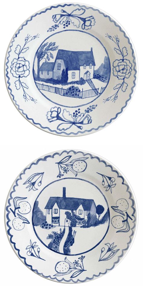 Plate Drawing, Painted Ceramic Plates, Cottage Pie, Pottery Handbuilding, White Pottery, Painted Plates, Blue Pottery, Ceramics Pottery Art, Ceramics Projects