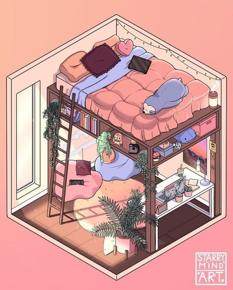 Isometric Room, Interior Concept Art, Mind Art, Procreate Ipad Tutorials, Bedroom Drawing, Isometric Drawing, Dorm Art, Isometric Art, Sims House Design