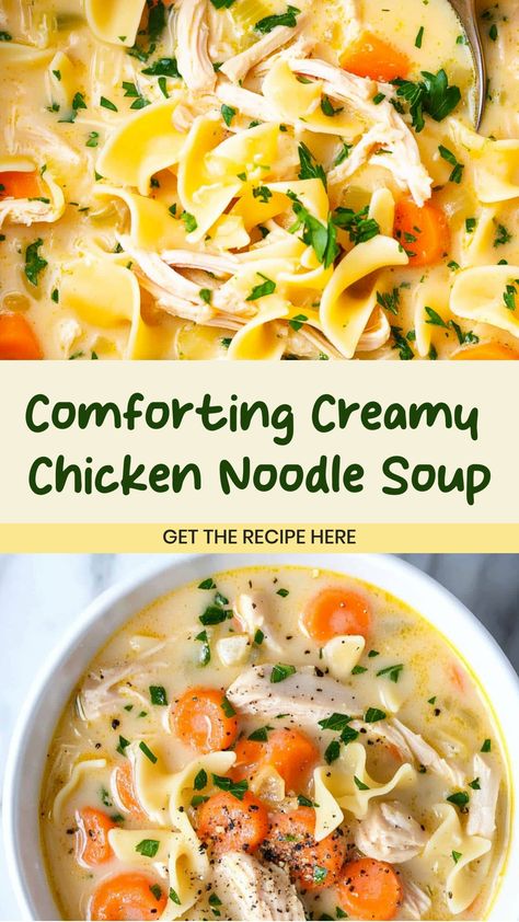 Indulge in a comforting bowl of creamy chicken noodle soup, perfect for chilly evenings or when you're feeling under the weather. This easy-to-make recipe combines tender chicken, wholesome vegetables, and hearty noodles in a rich and velvety broth that will warm you up from the inside out. Whether you're cooking for your family or looking to impress guests, this creamy chicken noodle soup is sure to be a hit. Best Creamy Chicken Noodle Soup, Easy Creamy Chicken Noodle Soup, Creamy Chicken Noodle Soup Recipe, Homemade Chicken And Noodles, Chicken Noodle Soup Ingredients, Easy Creamy Chicken, Cream Based Soups, Chicken Noodle Soup Recipe Homemade, Best Chicken Noodle Soup