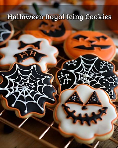 Quick Recipes | Halloween Royal Icing Cookies | Facebook Halloween Cookie Icing, Halloween Sugar Cookies With Royal Icing, Halloween Cookies Decorated Royal Icing, Halloween Royal Icing Cookies, Halloween Cookies Royal Icing, Halloween Royal Icing, Halloween Cookie Designs, Halloween Cut Outs, Royal Icing Cookies Recipe