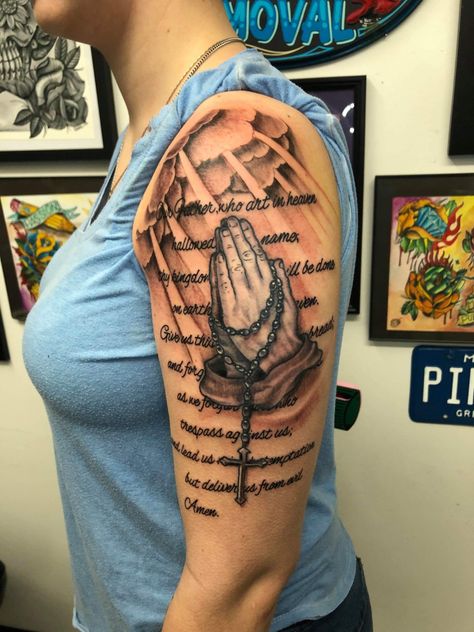 Cloudy with sunrays tattoo. The Lord’s Prayer. Praying hands. Half sleeve. Lords Prayer Tattoo, Praying Tattoo, Prayer Hands Tattoo, Pray Tattoo, Praying Hands Tattoo Design, Hands Praying, Prayer Tattoo, Cover Up Tattoos For Men, Ypsilanti Michigan