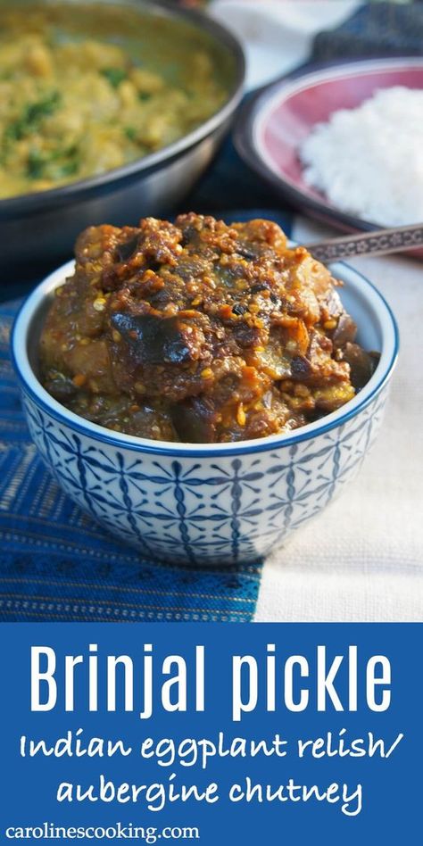 Brinjal pickle (eggplant relish/aubergine chutney) is a classic Indian condiment that is the perfect addition to any curry. Slightly sweet & spicy, it's also easy to make and a great way to use up an excess of eggplant. Brinjal Pickle Recipe, Aubergine Chutney, Brinjal Recipes Indian, Indian Banquet, Eggplant Patties, Indian Eggplant, Eggplant Relish, Indian Pickle Recipe, Pickled Eggplant