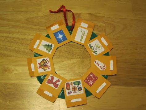 Christmas wreath with the true meaning of Christmas symbols/scriptures.  Activity Days Christmas. Lds Activity Days Ideas, Activity Days Ideas, Activity Day Ideas, Lds Activity Days, Symbols Of Christmas, Lds Christmas, Primary Activity, Christmas Sunday School, True Christmas