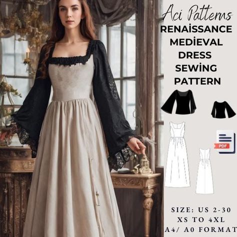 Renaissance Regency Cosplay Dress Pattern and Blouse,Maxi Dress Sewing Pattern,Halloween Costume,Renaissance Medieval Cosplay Dress  Available as an instant download (pdf) sewing pattern bundle with a range of size options, including plus sizes ⭐US Sizes: 2, 4, 6, 8, 10, 12, 14, 16, 18, 20, 22, 24, 26, 28, 30 ⭐Standard Sizes: XS, S, M, L, XL, 2XL, 3XL, 4XL ⭐These patterns are suitable for A4, A0, and US Letter size papers. ⭐Once your payment is processed, you will automatically receive download links for the pattern files. Please note that you can only download the files from a computer; they will not work on a phone or iPad. ⭐This is a digital product. You will receive zip files containing the patterns and sewing instructions. ⭐Due to the nature of digital downloads, no refund, return, or Simple Medieval Dress Pattern, Ren Faire Dress Pattern, Edwardian Sewing Patterns, Ren Fair Outfit Ideas, Fantasy Dress Pattern, Cottagecore Sewing Pattern, Regency Cosplay, Victorian Sewing Patterns, Regency Dress Pattern