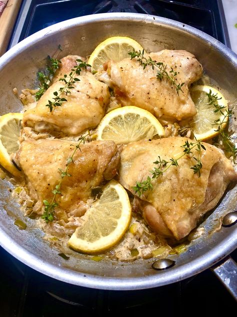 Ina’s Chicken Thighs with Lemon and Thyme Cooking Basmati Rice, Savory Dinner, Dry White Wine, Lemon Slice, Ground Pepper, Basmati Rice, Fresh Thyme, How To Squeeze Lemons, Yellow Onion