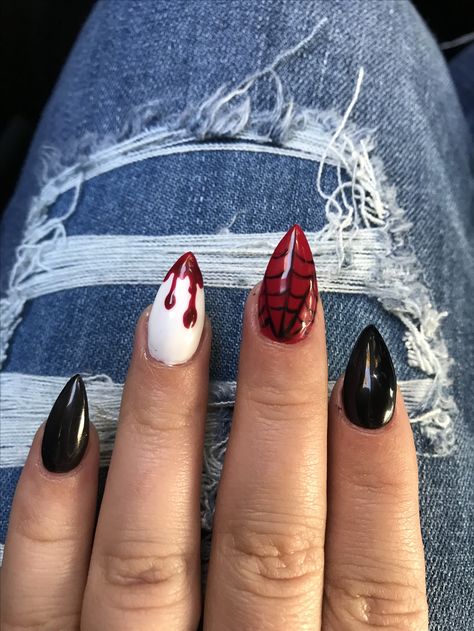 Almond Halloween Nails Designs, Red Black Halloween Nails, Black Red Halloween Nails, Red And Black Nails Halloween, Halloween Nails Red And Black, Halloween Nails Black And Red, Red And Black Halloween Nails, Black And Red Halloween Nails, Almond Nails Halloween