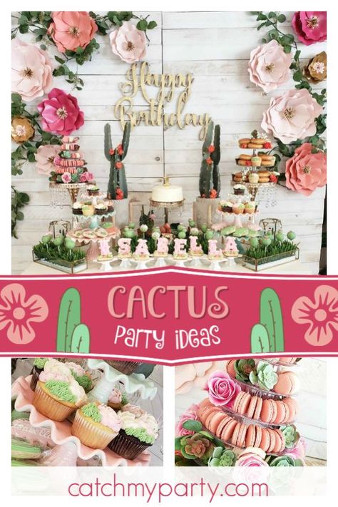 Take a look at this wonderful boho themed cactus 1st birthday party! The paper flower bacdrop is stunning! See more party ideas and share yours at CatchMyParty.com #catchmyparty #partyideas #cactusparty #bohoparty #girl1stbirthdayparty Pastel Cactus Party, Boho Fiesta Party, Desert Party Theme, Succulent Party Theme, Cactus Theme Birthday, Cactus Birthday Party, Boho Graduation, Cactus Party Decor, Cinco De Mayo Party Ideas