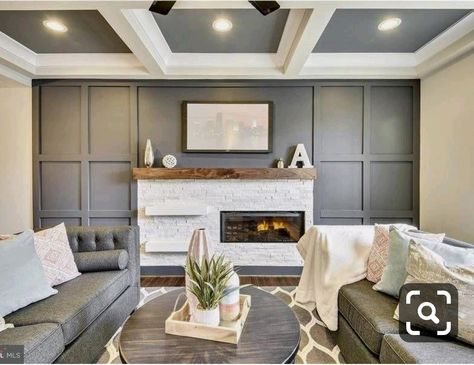 Batten Wall, Family Room Walls, Board And Batten Wall, Accent Walls In Living Room, U Bahn, Living Room Remodel, Board And Batten, Coffered Ceiling, Fireplace Wall