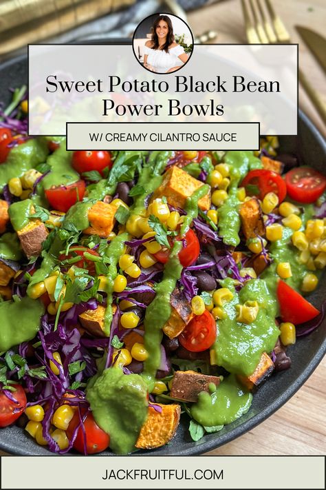 Sweet Potato Black Bean Bowls with Creamy Cilantro Sauce is a NEW recipe from Jackfruitful Kitchen.

Visit jackfruitful.com to view the whole recipe! Black Bean Veggie Bowl, Sweet Potato Black Bean Bowl, Sweet Potatoes Salad, Black Bean Bowls, Black Bean Bowl, Bean Bowls, Creamy Cilantro Sauce, Roasted Recipes, Bean Bowl