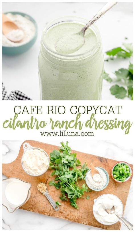 Copycat recipe for Café Rio's Cilantro Ranch Dressing is fresh and creamy with a hint of spice. We LOVE this stuff! #cilantroranchdressing #caferio #cilantro #copycatrecipe #dressing Cilantro Ranch Dressing Recipe, Cafe Rio Dressing, Cilantro Ranch Dressing, Cilantro Ranch, Creamy Cilantro Dressing, Cafe Rio, Cilantro Dressing, Ranch Dressing Recipe, Salad Dressing Recipes Homemade