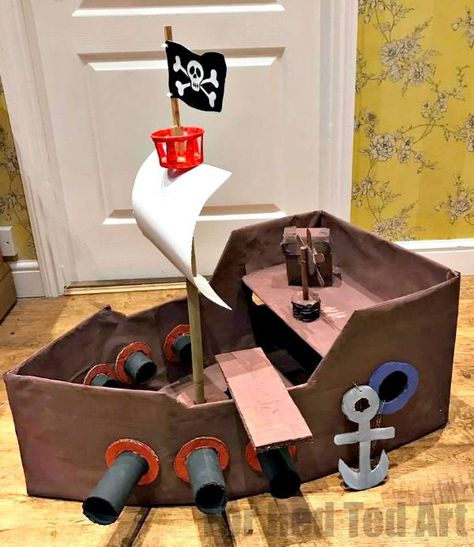 Diy Pirate Ship, Pirate Ships Diy, Cardboard Pirate Ship, Diy Pirate, Pirate Crafts, Red Ted Art, Pirate Boats, Arts And Crafts For Teens, Egg Carton Crafts