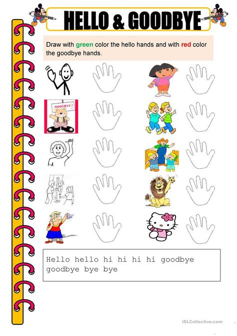 HELLO AND GOODBYE WORKSHEET - English ESL Worksheets Ingles Kids, Spanish Worksheets, Hello Goodbye, Teaching Jobs, Esl Worksheets, Summer Activities For Kids, Back To School Activities, Special Education Classroom, Kindergarten Worksheets