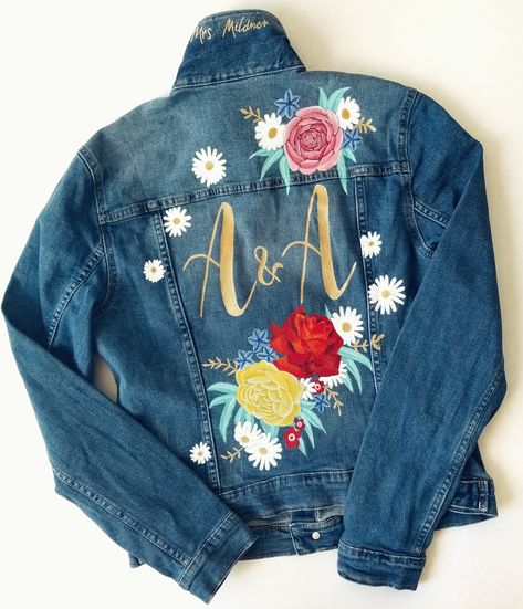 Fall Wedding Jacket, Denim Jacket Painting, Bridal Denim Jacket, Wedding Denim Jacket, Bespoke Denim, Whimsical Bride, Jacket Painting, Bespoke Jacket, The Big Wedding