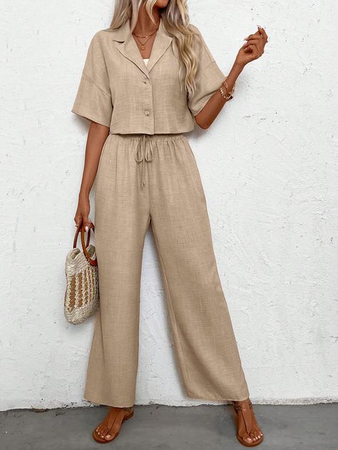 SHEIN LUNE Women's Holiday Linen Short Sleeve Shirt And Pants Set For LeisureI discovered amazing products on SHEIN.com, come check them out! Button Knot, Shirt And Pants Set, Drop Shoulder Shirt, Khaki Fashion, Jeans Cargo, Blouse Pants, Linen Short, Plain Tops, Crop Pants