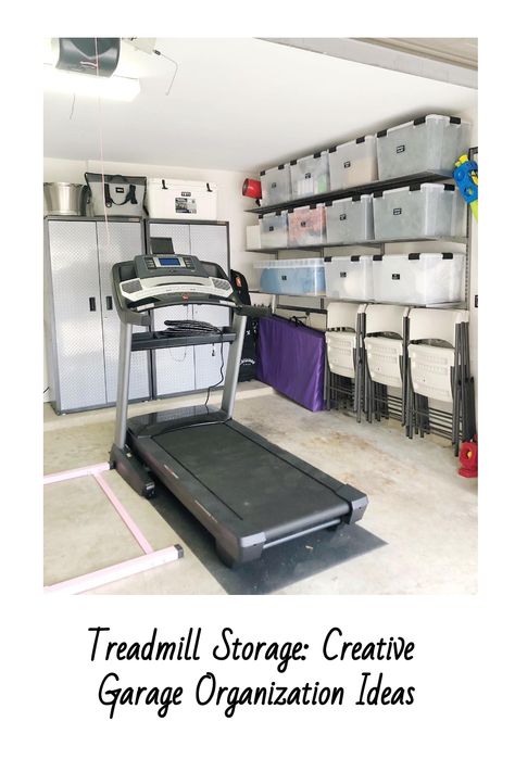 Treadmill in a well-organized garage with storage bins and foldable chairs neatly arranged. Organization Suitcase, Organized Garage, Treadmill Running, Garage Storage Ideas, Garage Door Insulation, Clean Garage, Running Plan, Suitcase Organization, Waterproof Sunscreen