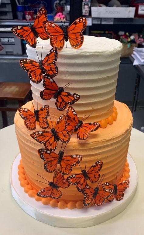 Orange Birthday Cake, Wedding Decorations Diy Centerpiece, Butterfly Birthday Cakes, Tiered Cakes Birthday, Orange Birthday, 16 Cake, Sweet 16 Cakes, Butterfly Cake, Elegant Birthday Cakes