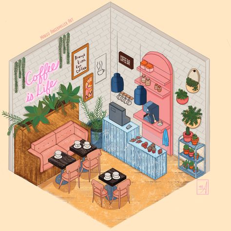 A challenging piece - this isometric coffee shop is based on a tutorial from @floortjesart. 🌷Find me on Patreon https://patreon.com/MargoAngermillerArt 🌷Shop for prints, stickers, pillows, and more https://linktr.ee/MargoAngermillerArt #art #drawing #painting #digitalart #ipadpro #procreate #illustration Isometric Room Illustration Aesthetic, Isometric Art House, Isometric Art Tutorials, Isometric Art Drawing, Isometric Coffee Shop, Coffee Shop Drawing, Isometric Kitchen, Blender Inspiration, Isometric Rooms