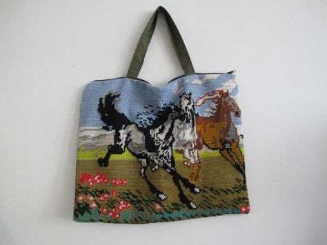 wild horses Flea Market Decorating, Vegan Bag, Vintage Trends, Tapestry Bag, Sac Week End, Embroidered Canvas, Needlework Embroidery, Vintage Tapestry, Vegan Bags