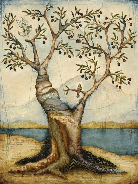 Olive Tree Mural, Olive Artwork, Olive Tree Aesthetic, Olive Tree Drawing, Olive Tree Art, Olive Tree Painting, Olive Art, Blue Lava, Tree Collage