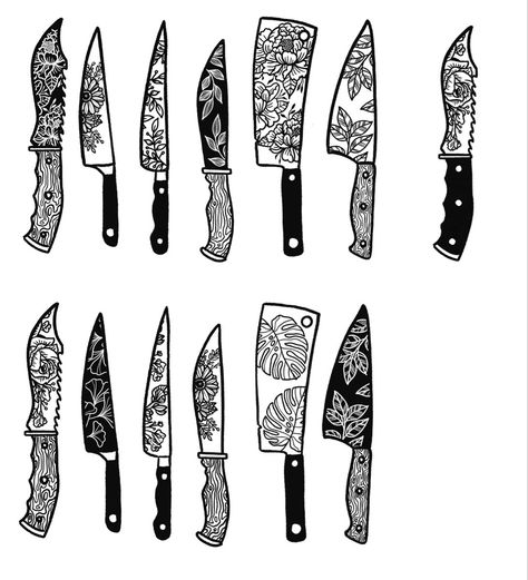 Matching Chef Tattoos, Best Friend Knife Tattoo, Cool Knife Tattoos, Knife And Flowers Tattoo, Fine Line Knife Tattoo, Western Knife Tattoo, Chopping Board Tattoo, Floral Knife Tattoo, Nifes Tatoos