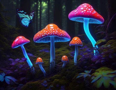 Mushroom and Butterfly - yartworld Neon Butterfly, Butterfly Flying, Mystical Forest, Butterflies Flying, Mushroom Art, Creative Outlet, Finding Joy, Creating Art, Butterflies