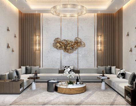 Neoclassic Ground Floor Reception in Kuwait City on Behance Drawing Room Design, Drawing Room Interior Design, Drawing Room Interior, Drawing Room Decor, Wall Decoration Ideas, Luxury Living Room Design, Living Room Partition Design, Room Partition Designs, Living Room Design Decor