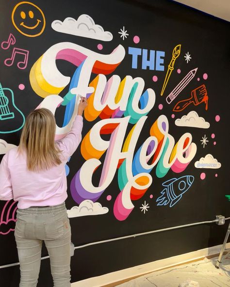 Olga Muzician Studio | Lettering, Murals (@olgamuzician) • Instagram photos and videos Positive Mural Art, Wall Art Text, Elementary School Murals Ideas, Art Room Mural, Welcome Mural, Elementary School Murals, College Mural, Text Mural, School Mural Ideas