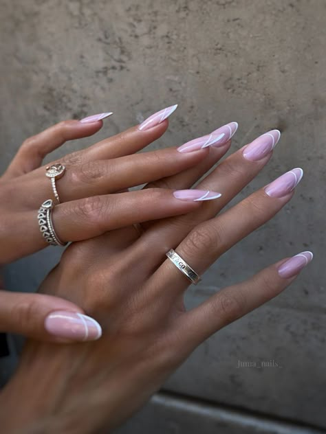 White Double French Tip Nails, Double French Almond Nails, Pink Double French Nails, Minimalist Nail Design Simple, Nails Double French Tip, Chic Nails Almond, Nails Double French, Almond Nails Designs Summer 2024, Double Line French Tip Nails