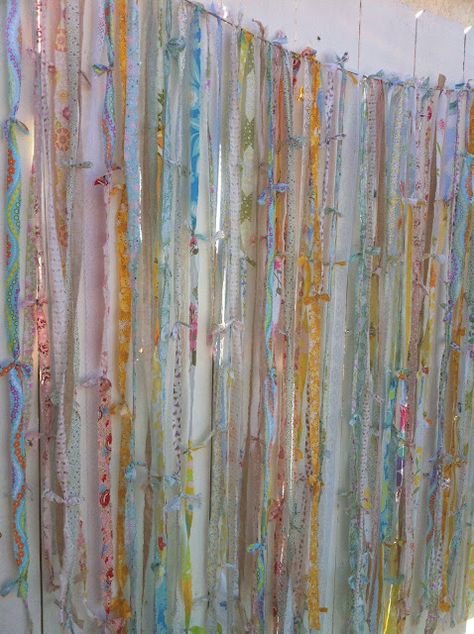 scrappy vintage sheet garland diy - or - scraps of fabric... Ribbon Curtains Diy, Ribbon Curtain, Cortinas Boho, Curtains Diy, Fairy Girls, Rainbow Garland, String Curtains, Garland Diy, Layered Curtains